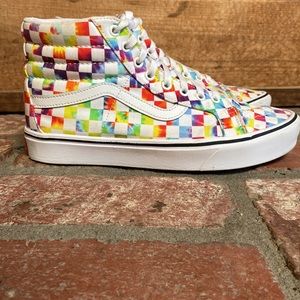 EUC Vans Comfycush Old Skool Tie Dye Checkered High Tops Skater Shoes.
